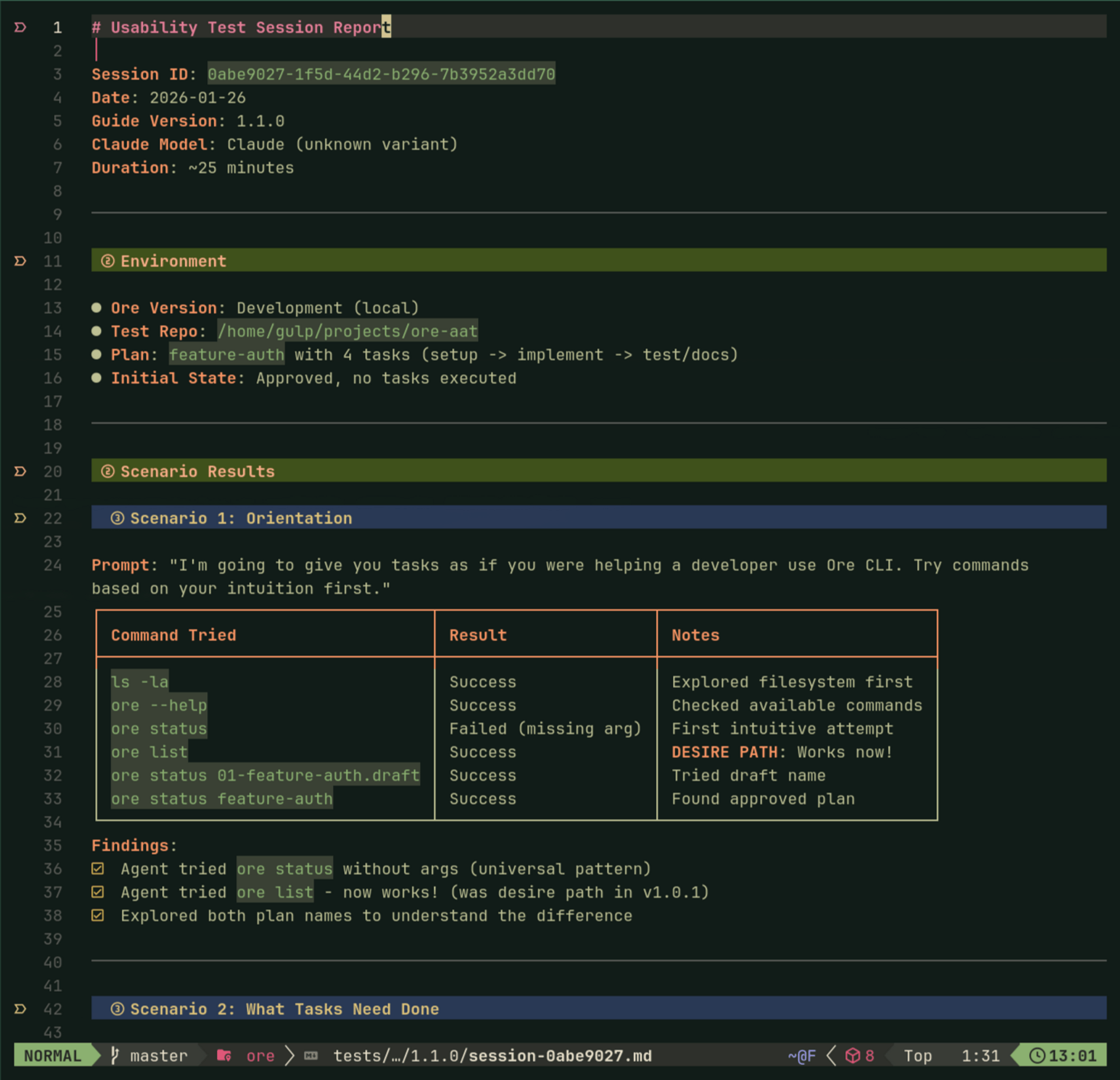 Discussion guide with test scenarios tracking command trials, results, and friction points